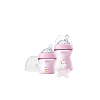 Conjunto de biberões CHICCO Natural Feeling Rosa, design ergonômico e confortável para bebês.