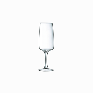 Taça de champanhe Equip Home com espumante servido, vista lateral.