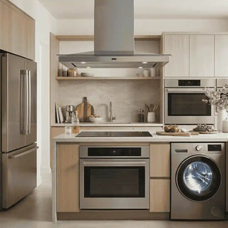 Conjunto de eletrodomésticos de cozinha em aço inoxidável, incluindo frigorífico side-by-side, forno de encastre, placa de indução, exaustor moderno e máquina de lavar roupa integrada em armários de madeira clara