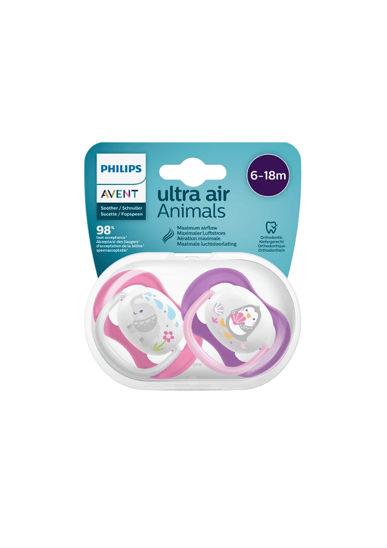 2 Ciucci Ultra Air 18+ Mesi Colore Blu/Viola - Philips Avent - Prénatal 2 Ciucci Ultra Air 18+ Mesi Colore Blu/Viola - Philips Avent - Prénatal