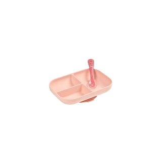BEABA Conjunto Prato com Ventosa e Colher de Silicone Rosa - Twisted Media 