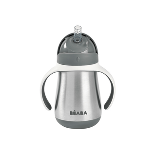 BEABA Copo de Palha Térmico de Aço Inoxidável 250ml Cinza, ideal para crianças a partir de 8 meses, com alças removíveis e isolamento térmico.