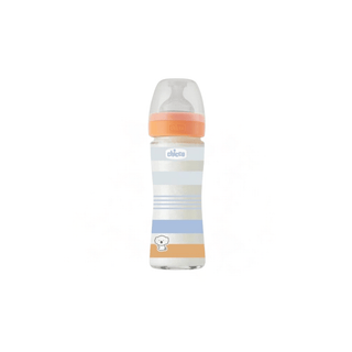 Mamadeira Chicco de vidro 240ml laranja com bico de silicone anticólica. Twisted Media.
