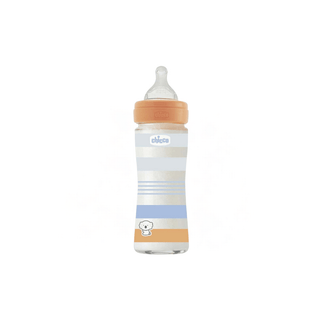 Mamadeira Chicco de vidro 240ml laranja com bico de silicone anticólica. Twisted Media.