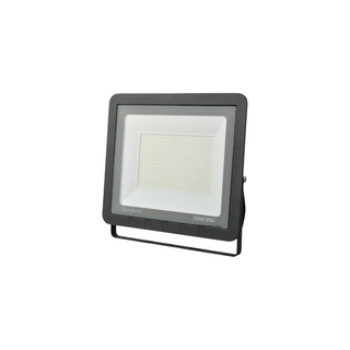Vista frontal do refletor LED com estrutura cinza e design robusto