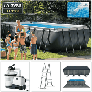 Piscina acima do solo INTEX com sistema de filtragem e escada para jardim disponível na Twisted Media Angola
